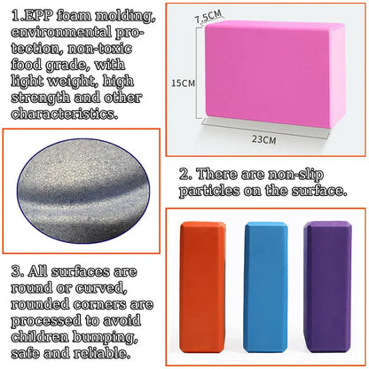 Pink foam block with dimensions, texture details, and safety features on a white background
