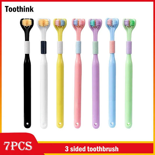 Adult toothbrush with three-sided ultra-fine bristle head and non-slip handle in multiple colours, designed for sensory-safe oral hygiene