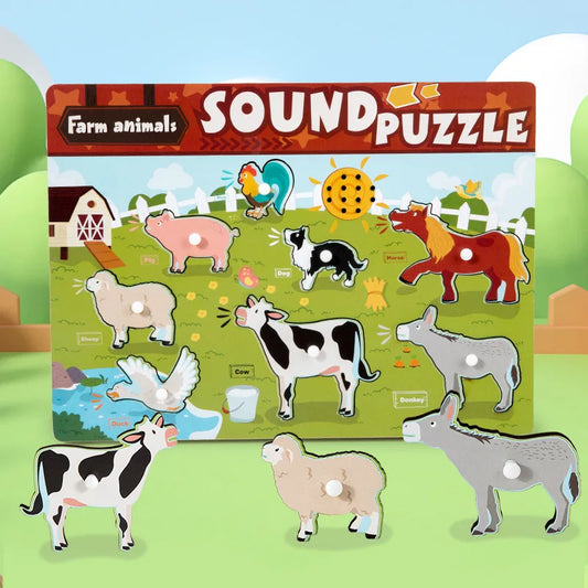 Sound puzzle packaging with farm animal illustrations on a green background