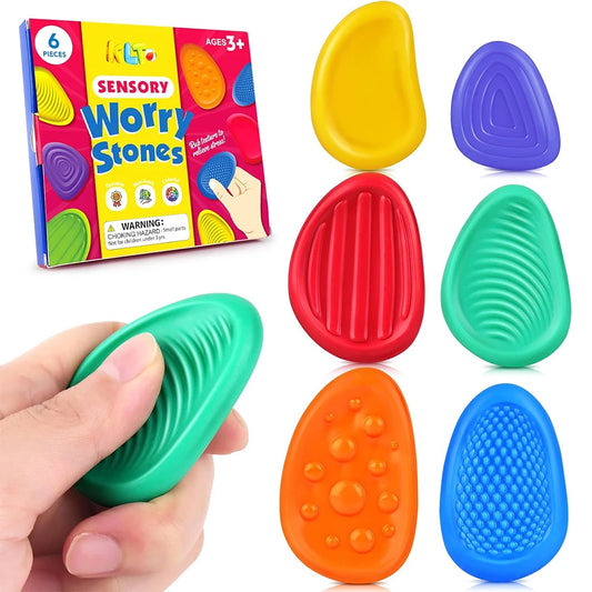 A set of six colorful textured silicone fidget stones, with a packaging indicating 'Sensory Worry Stones' suitable for ages 3 and up.
