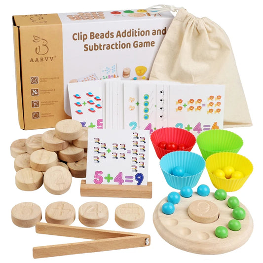 Educational math game set with wooden beads, clip cards, and a carrying bag on a white background.