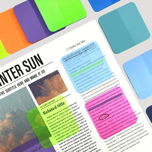 Pack of eight transparent sticky notes placed on a page with visible text underneath, showing waterproof clarity and note-taking function