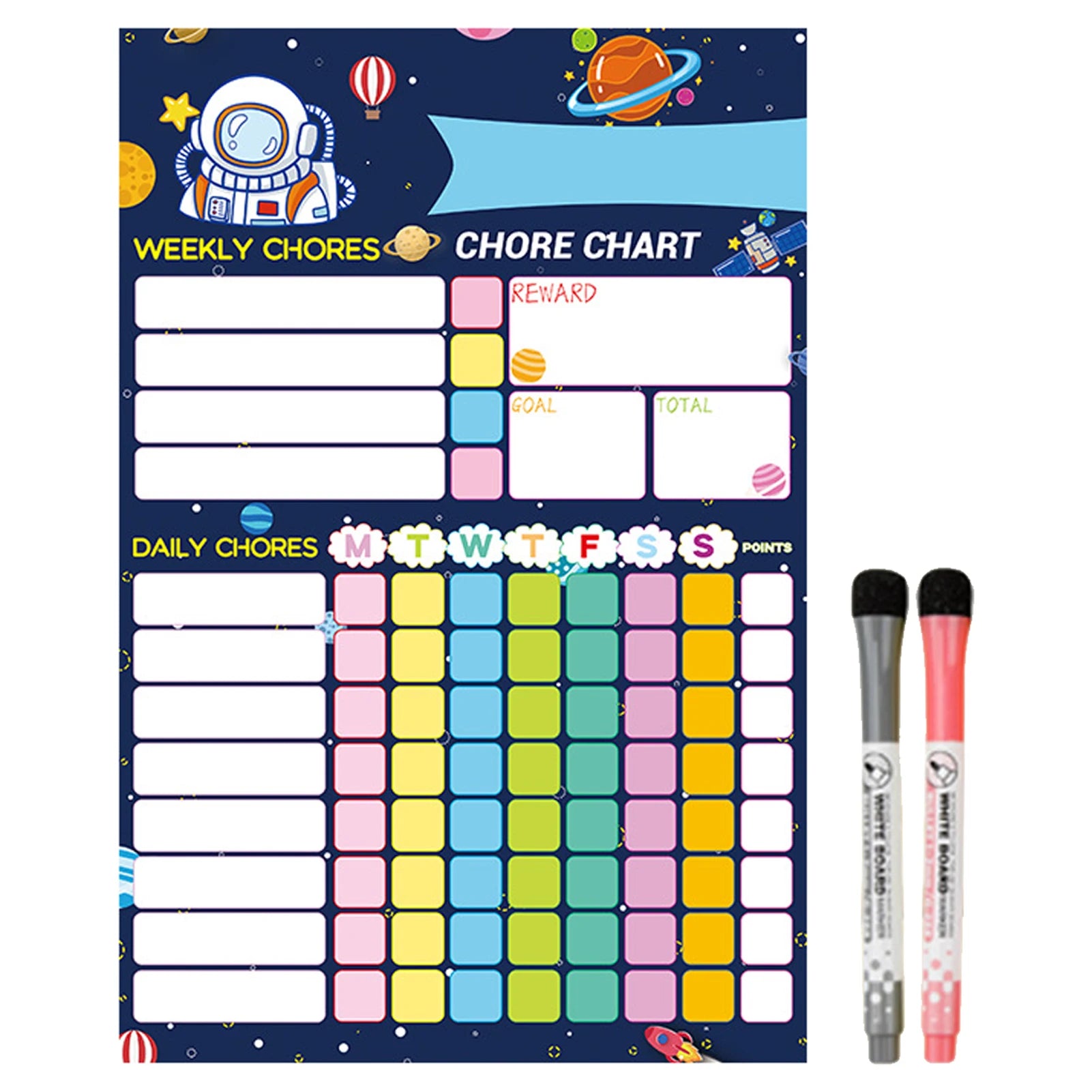 Reusable chore chart shown with two dry-erase markers, ideal for adaptable visual reminders.