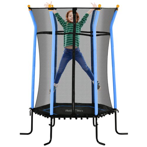Blue kids trampoline with safety enclosure and padded poles for secure bouncing