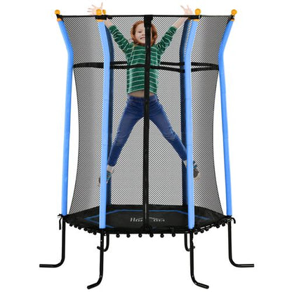 Blue kids trampoline with safety enclosure and padded poles for secure bouncing