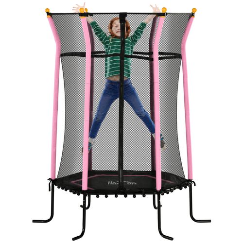 Pink kids trampoline with safety enclosure and padded poles for secure bouncing