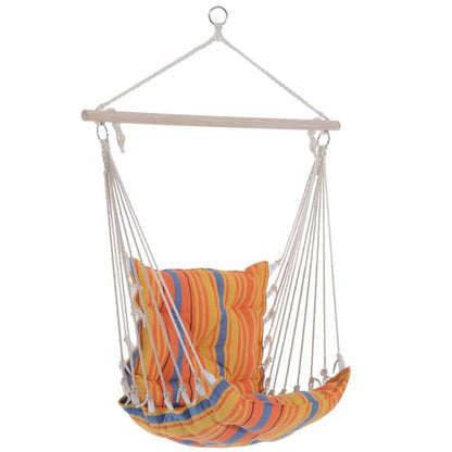 Orange hanging swing chair with padded backrest and soft cotton seat, ideal for sensory-friendly relaxation.
