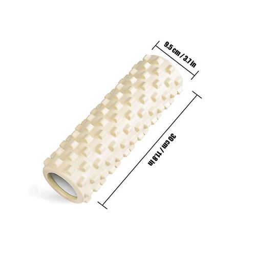 30×9.5 cm foam roller shown on exercise mat, designed for structured muscle release.