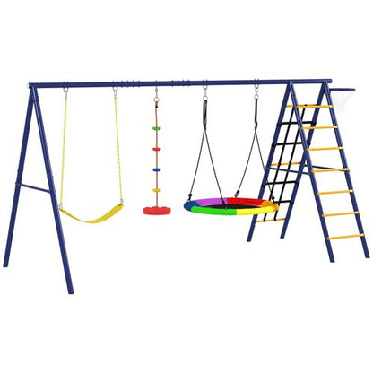 AIYAPLAY outdoor swing set with six play features including climbing net, disc rope swing and basketball hoop