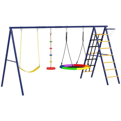 AIYAPLAY outdoor swing set with six play features including climbing net, disc rope swing and basketball hoop