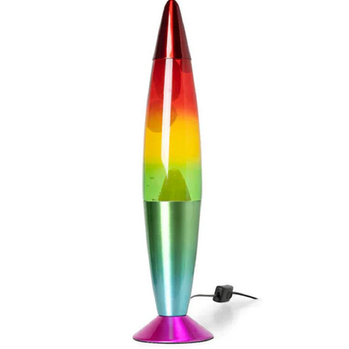 Tobar rainbow lava lamp with swirling coloured liquid in tall cylindrical frame, ideal for sensory-friendly lighting.