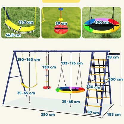 Full view of steel-framed swing set with adjustable ropes and collaborative movement features