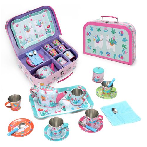 8-piece llama tin tea set including teapot, cups and tray for imaginative role play