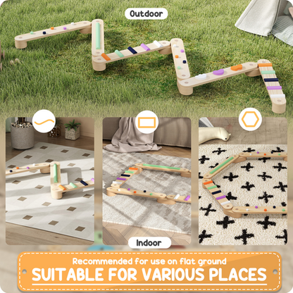 Wooden balance beam set with multicoloured boards and bases arranged for sensory movement play