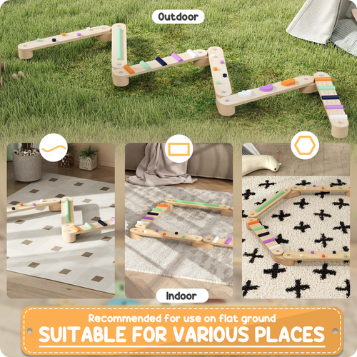 Wooden balance beam set with multicoloured boards and bases arranged for sensory movement play