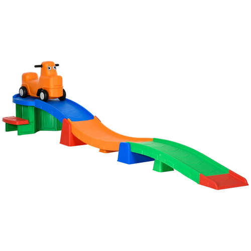 Colourful plastic rollercoaster toy with smooth incline and sliding car, designed for neurodivergent-friendly play.