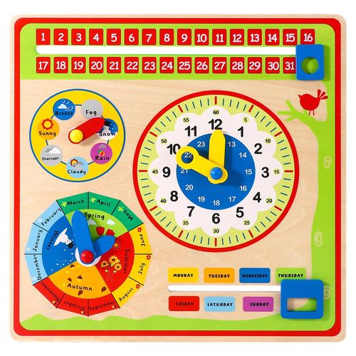 SOKA wooden wall calendar with interactive panels for date, time, season and weather tracking