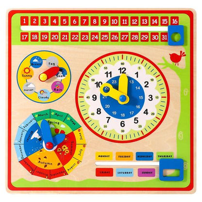 SOKA wooden wall calendar with interactive panels for date, time, season and weather tracking