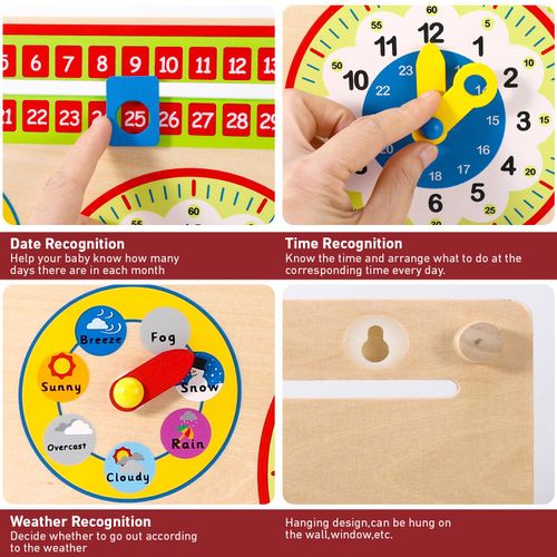 Child using colourful dials on wooden calendar to build temporal awareness and reasoning