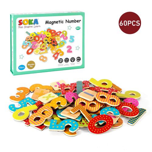 Colourful SOKA wooden magnetic numbers and maths symbols with vibrant patterns for sensory numeracy play