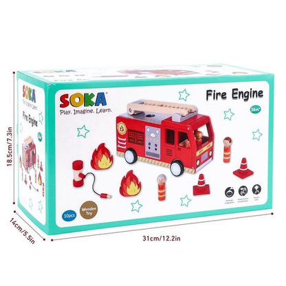 SOKA Wooden Fire Engine Truck – Pretend Rescue Playset for Ages 3+