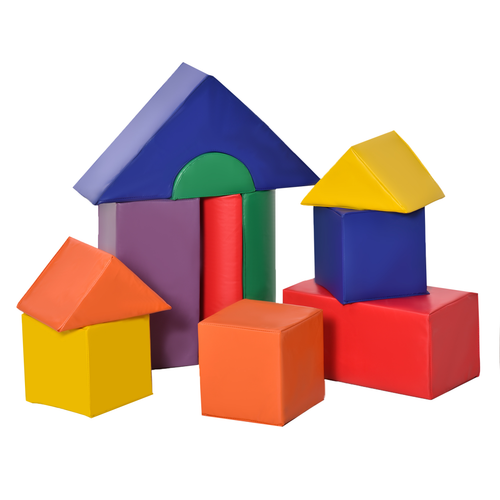 11-piece soft foam puzzle block set with colourful shapes including cubes, cylinders and triangles