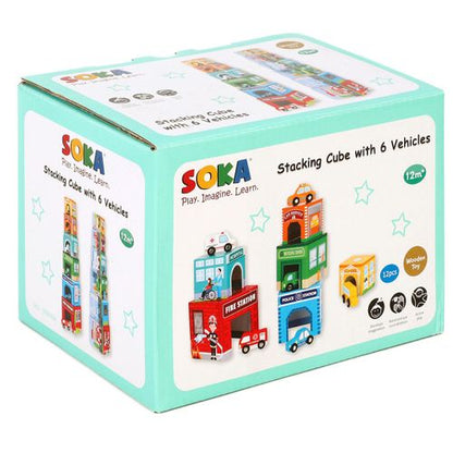 SOKA Stacking Cube with 6 Vehicles – Multi-Level Tower Puzzle with Wooden Cars