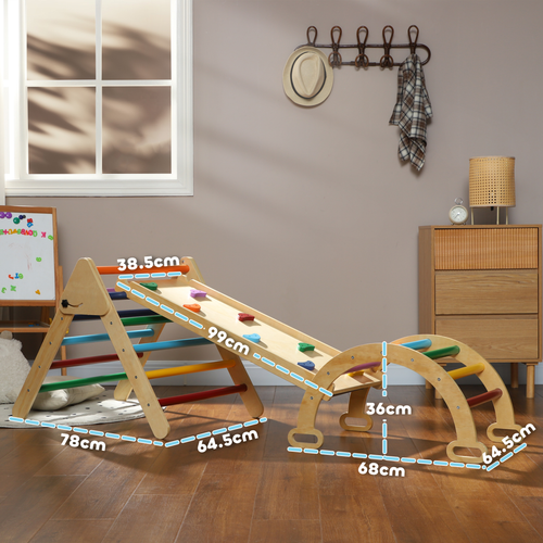 Natural pinewood climbing frame with smooth finish designed for gross motor regulation and confidence building