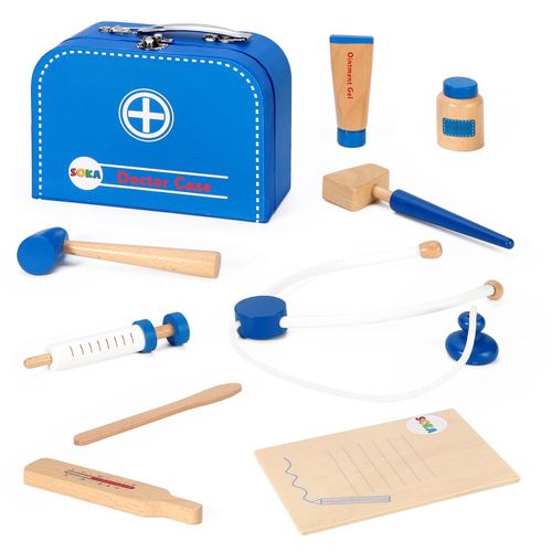 Toy doctor's kit with blue case and various medical tools on a white background