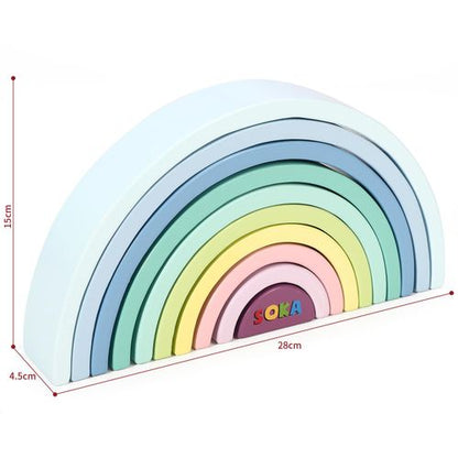 Colorful wooden rainbow toy with dimensions on a white background