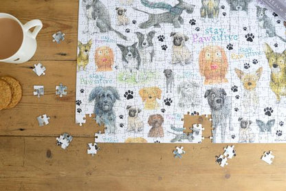 Close-up of puzzle pieces featuring dog characters and soft backgrounds designed for calming visual play