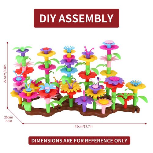Creative flower arrangement in vibrant colours shown assembled from plastic stacking pieces