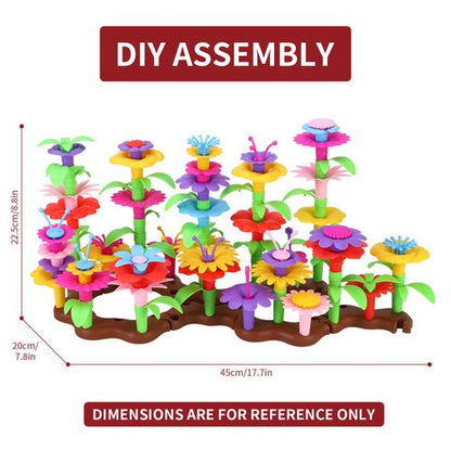 Creative flower arrangement in vibrant colours shown assembled from plastic stacking pieces