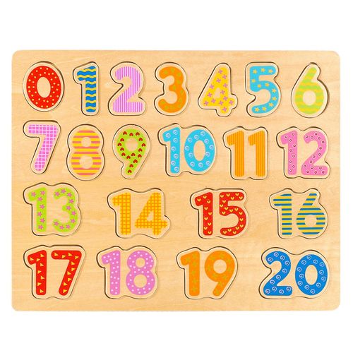 Wooden number board with 20 colourful pieces designed for early numeracy and puzzle play
