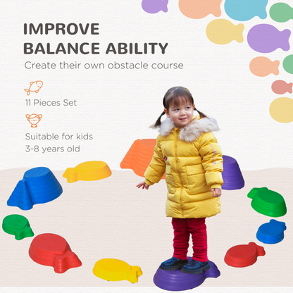 Child balancing across plastic stepping stones secured with non-slip mat for safe gross motor practice