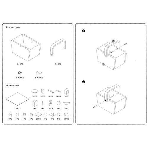 Technical drawing of product parts and accessories on a white background