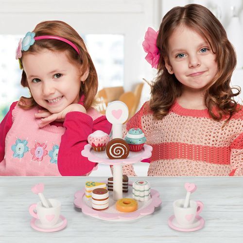 SOKA heart-themed wooden dessert tower with colourful pretend cakes for sensory role play
