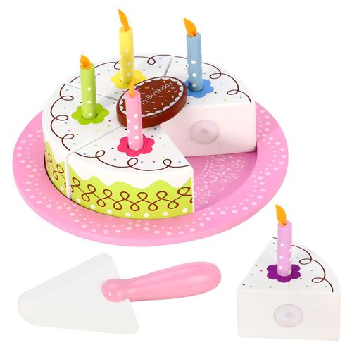 Wooden birthday cake with five slices, removable candles and celebratory topper for pretend play