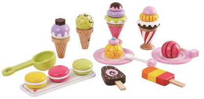 Close-up of toy ice creams and plate arranged for sensory-friendly pretend food setup
