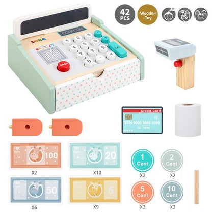 Child’s play corner featuring wooden checkout toy for role play and transaction routines”
