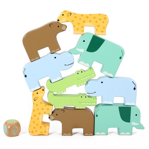 Set of ten wooden wild animals including elephants, bears and hippos stacked in balancing puzzle play
