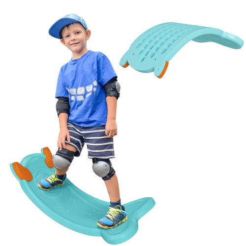 Child standing on monster-themed wobble board outdoors, engaging core strength and proprioception.