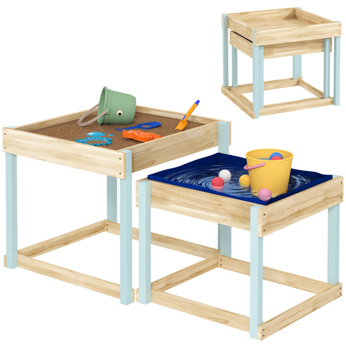 wo-piece wooden sand and water table set shown nested for compact outdoor sensory play