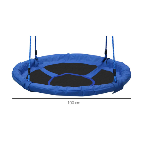 Close-up of blue swing seat with soft edge wrap and adjustable hanging ropes for safe play