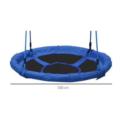 Close-up of blue swing seat with soft edge wrap and adjustable hanging ropes for safe play
