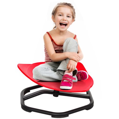 Red spinning chair with wide base and adjustable seat height designed for sensory movement play