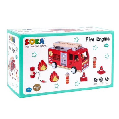 SOKA Wooden Fire Engine Truck – Pretend Rescue Playset for Ages 3+