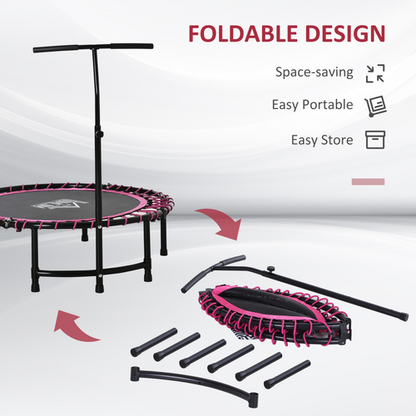 Side angle of pink rebounder with handle set at mid height for proprioceptive balance support