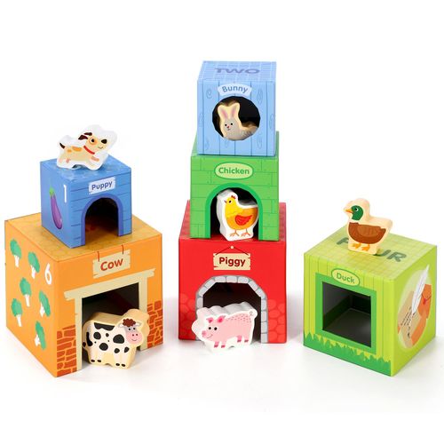 Colourful SOKA stacking cubes with farm animals and vegetables for early counting play