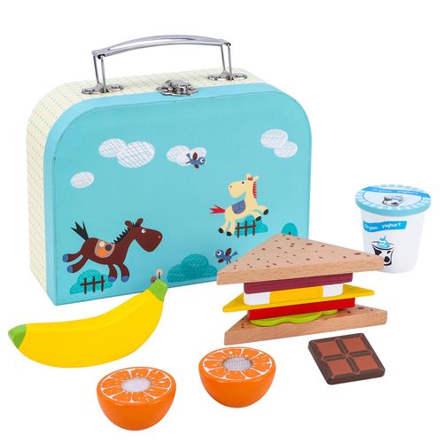 Wooden pretend food lunchbox with fruit, sandwich pieces and chocolate for sensory picnic play